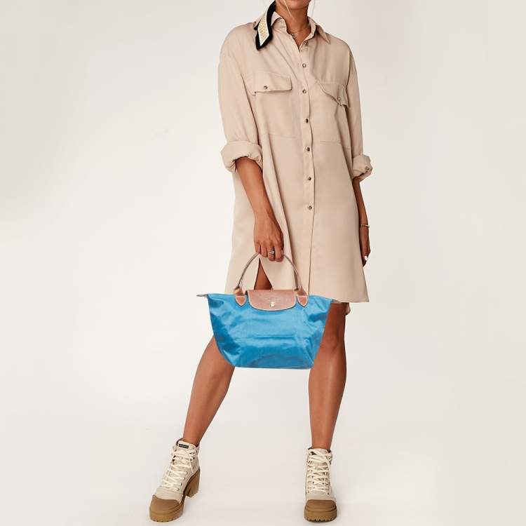 مملوكة مسبقًا Longchamp Brown/Teal Blue Nylon and Leather Small Short Le Pliage Tote
