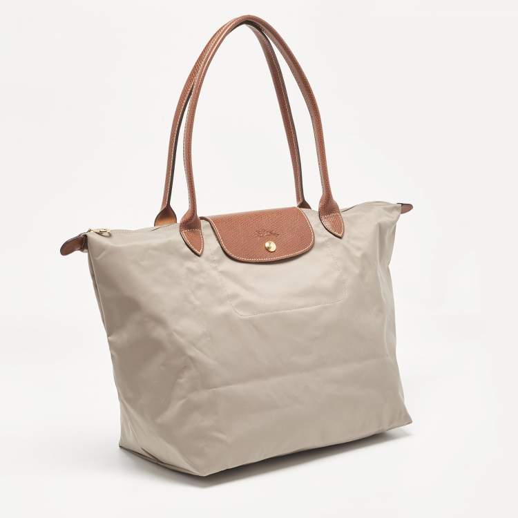 Pre Owned Longchamp Grey/Brown Nylon Large Le Pliage Tote