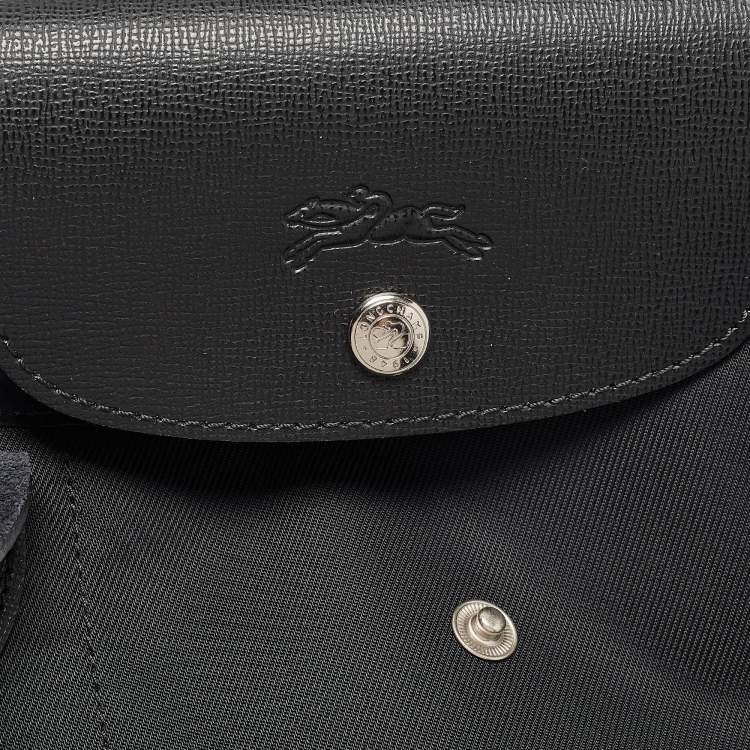 Pre Owned Longchamp Black Leather and Nylon Le Pliage Tote