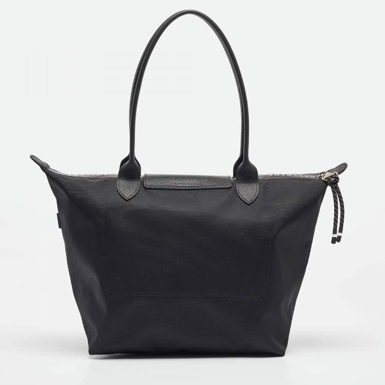 Pre Owned Longchamp Black Leather and Nylon Le Pliage Tote