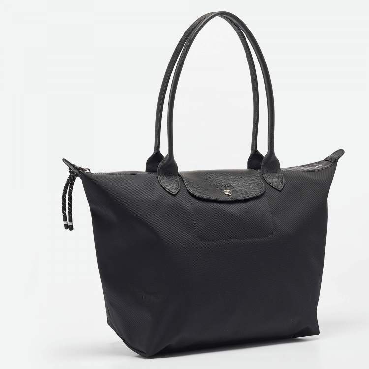 Pre Owned Longchamp Black Leather and Nylon Le Pliage Tote