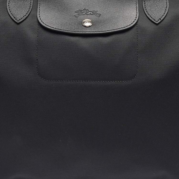 Pre Owned Longchamp Black Leather and Nylon Le Pliage Tote