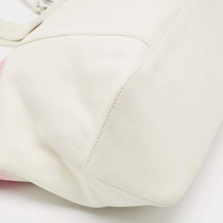 Pre Owned Longchamp White/Fuchsia Leather Zip Details Tote