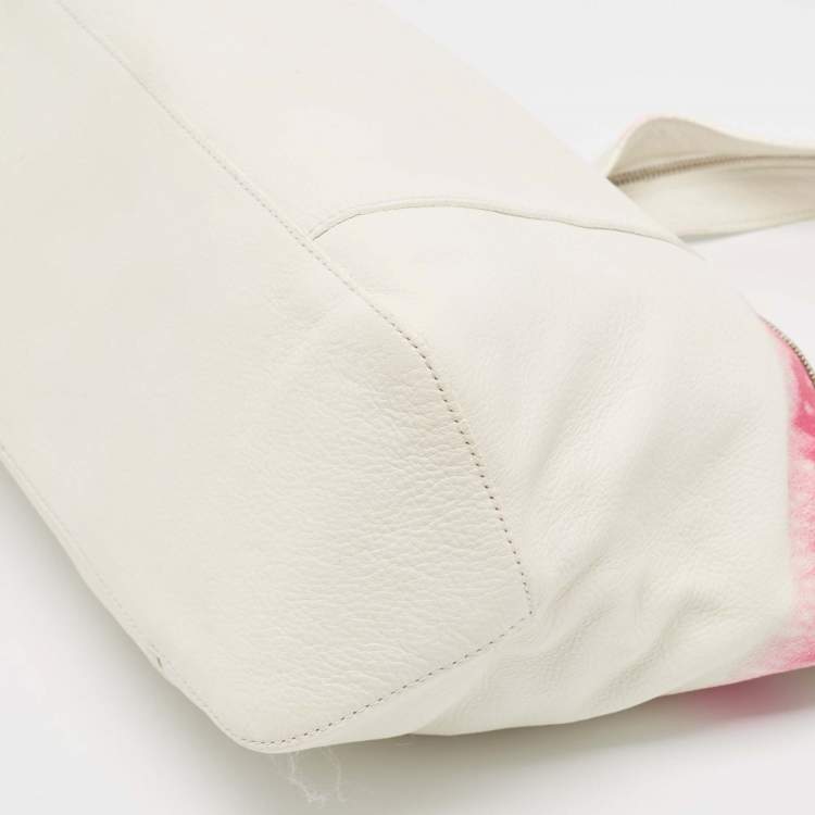Pre Owned Longchamp White/Fuchsia Leather Zip Details Tote