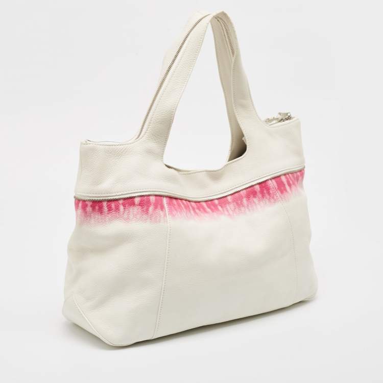 Pre Owned Longchamp White/Fuchsia Leather Zip Details Tote