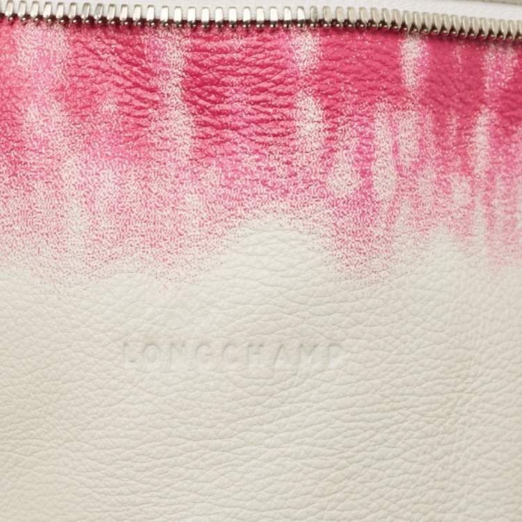 Pre Owned Longchamp White/Fuchsia Leather Zip Details Tote