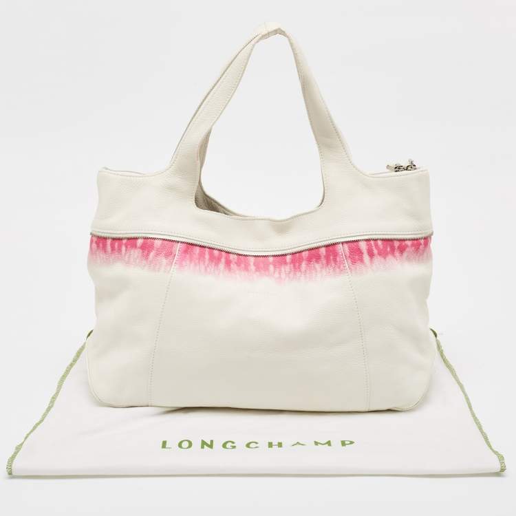 Pre Owned Longchamp White/Fuchsia Leather Zip Details Tote
