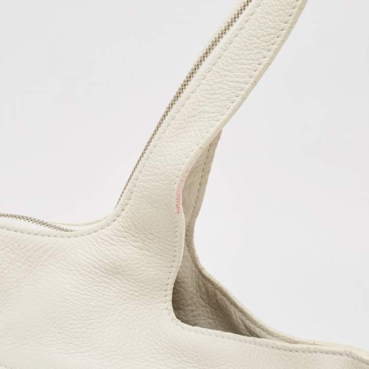 Pre Owned Longchamp White/Fuchsia Leather Zip Details Tote
