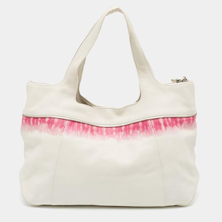 Pre Owned Longchamp White/Fuchsia Leather Zip Details Tote