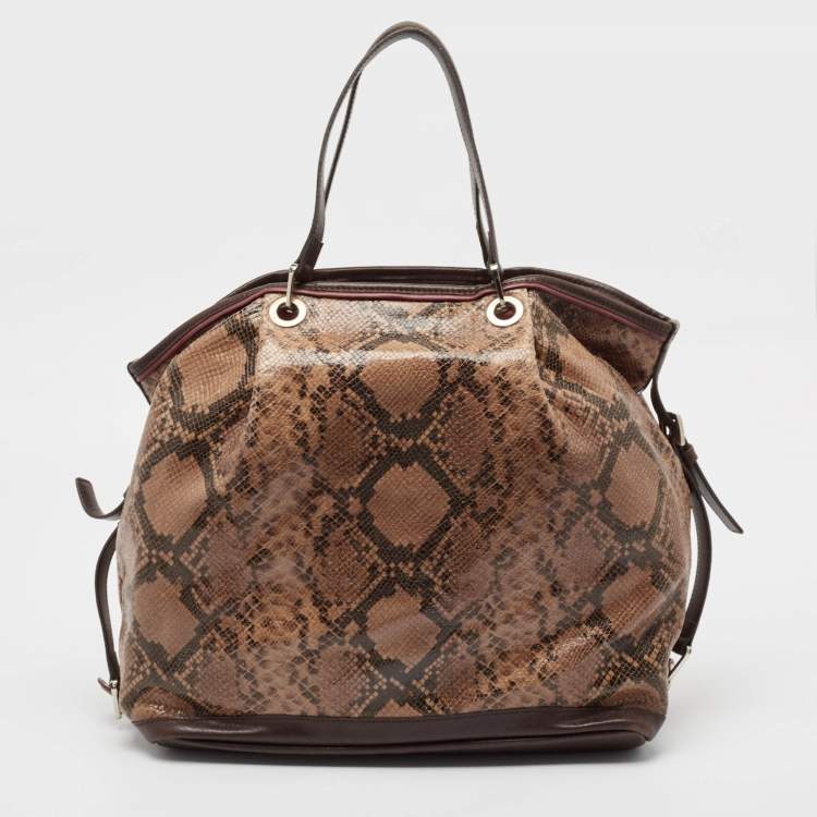 Pre Owned Longchamp Brown Python Embossed Leather Tote