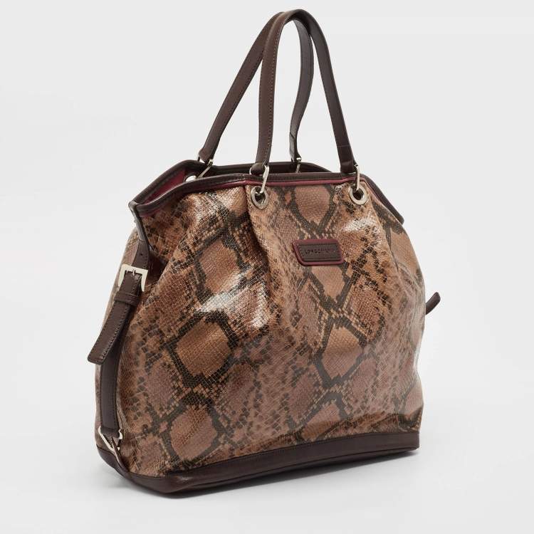 Pre Owned Longchamp Brown Python Embossed Leather Tote