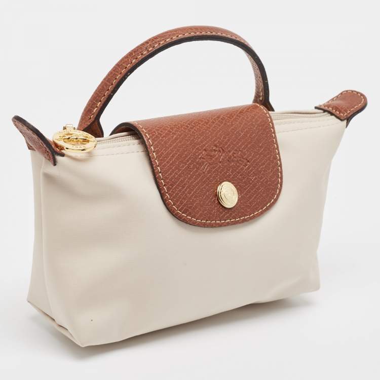 Pre Owned Longchamp Off White Nylon Le Pliage Handle Pouch