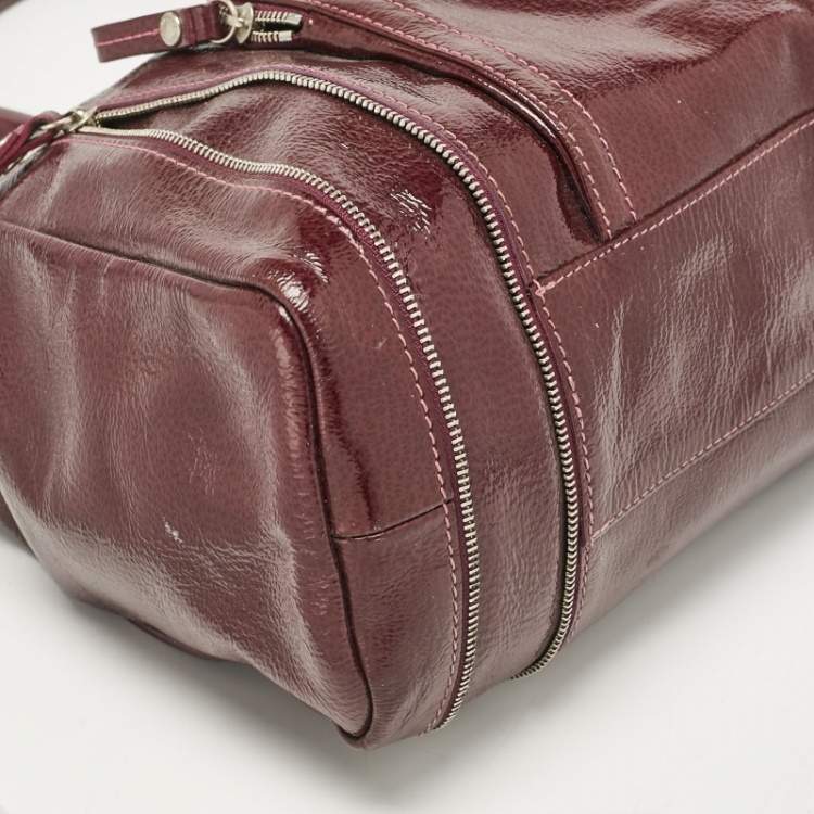 Pre Owned Longchamp Burgundy Patent Leather Front Pocket Tote