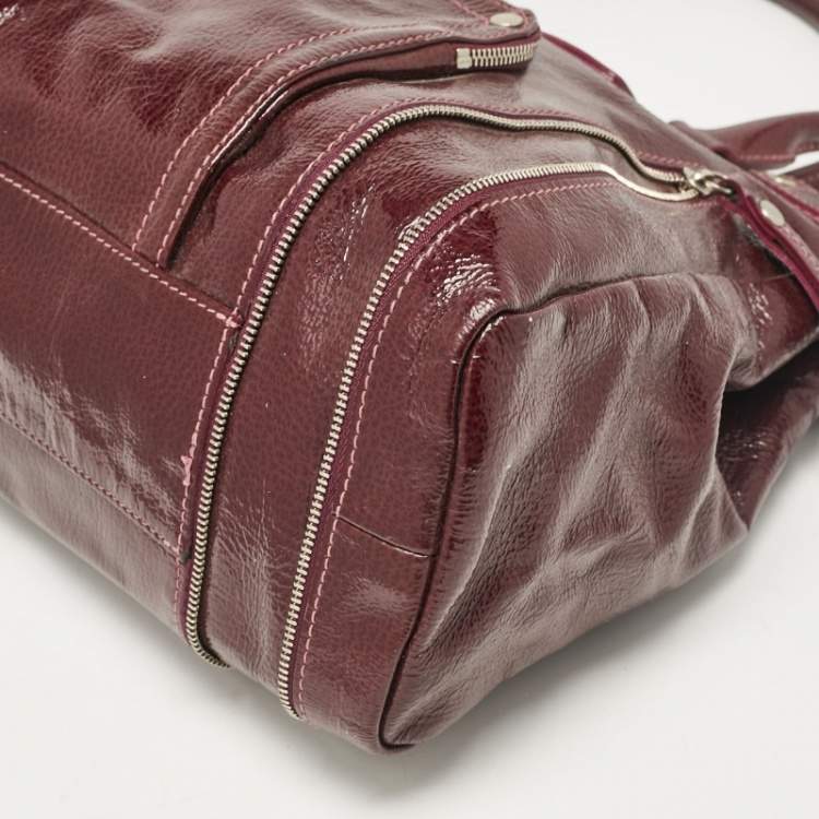 Pre Owned Longchamp Burgundy Patent Leather Front Pocket Tote