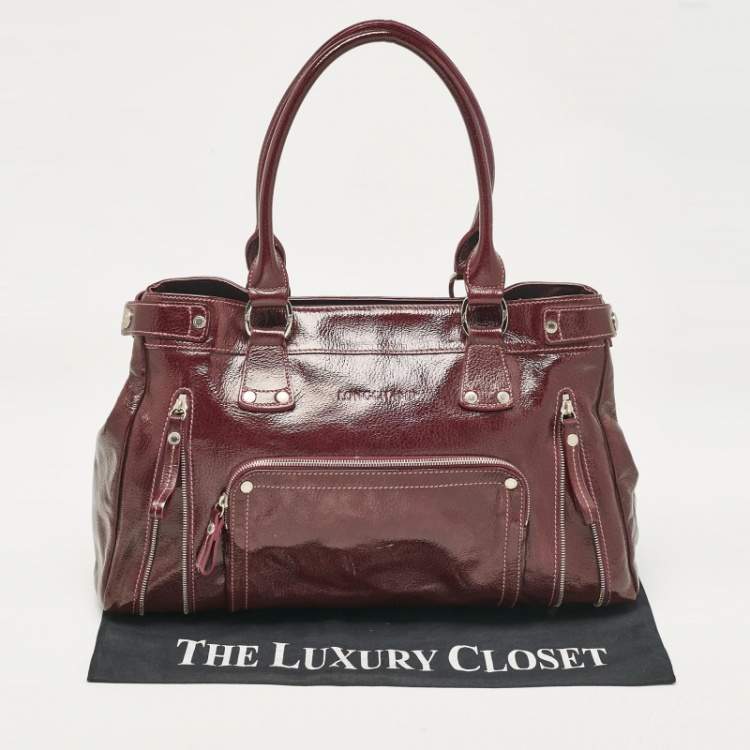 Pre Owned Longchamp Burgundy Patent Leather Front Pocket Tote