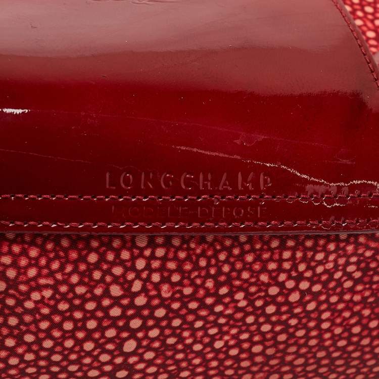 Pre Owned Longchamp Red Stingray Print Nylon and Patent Leather Le Pliage Neo Tote