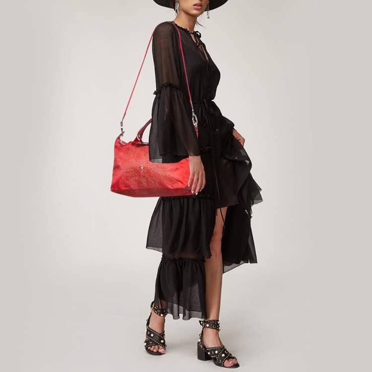 Pre Owned Longchamp Red Stingray Print Nylon and Patent Leather Le Pliage Neo Tote