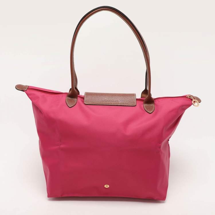 Pre Owned Longchamp Pink/Brown Nylon and Leather Large Le Pliage Tote