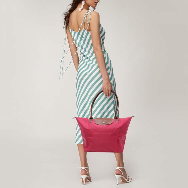 Pre Owned Longchamp Pink/Brown Nylon and Leather Large Le Pliage Tote