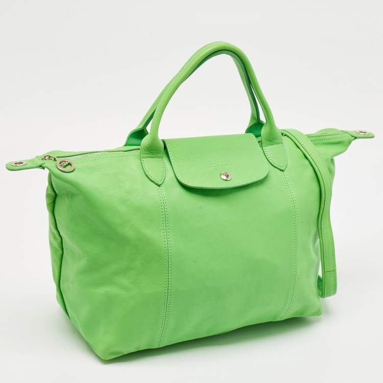 Pre Owned Longchamp Green Leather Le Pliage Tote