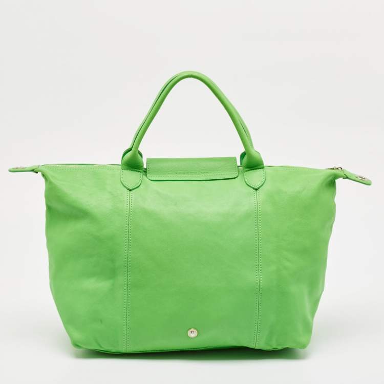 Pre Owned Longchamp Green Leather Le Pliage Tote