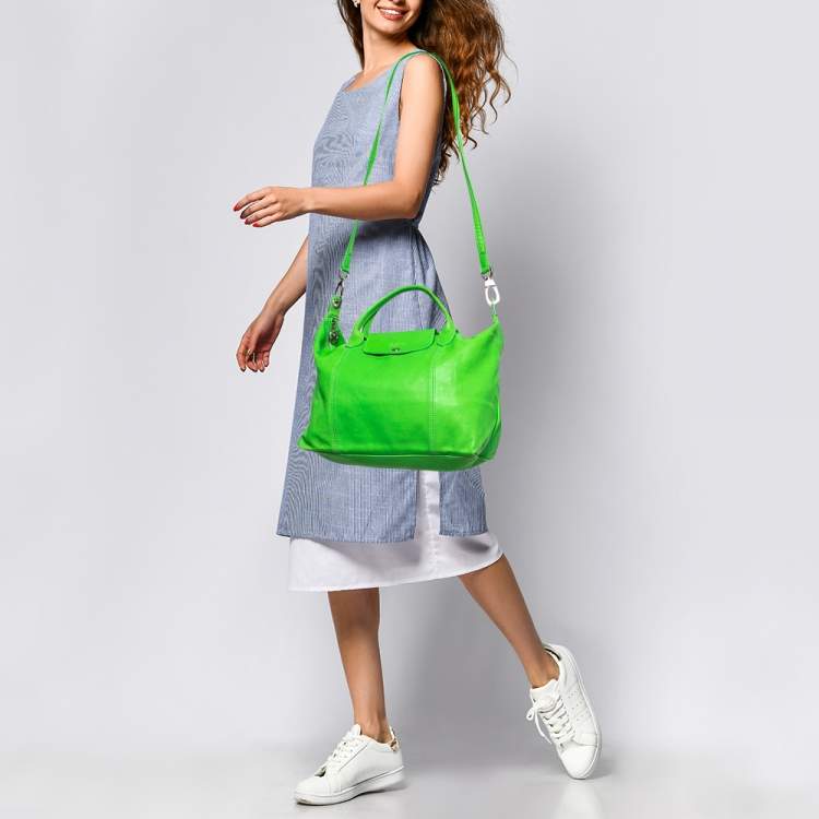 Pre Owned Longchamp Green Leather Le Pliage Tote