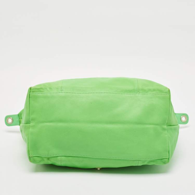 Pre Owned Longchamp Green Leather Le Pliage Tote