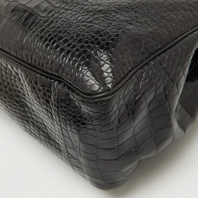 Pre Owned Longchamp Black Croc Embossed Leather Roseau Tote