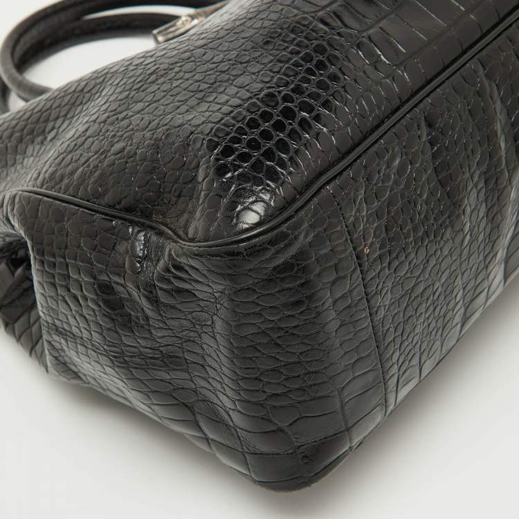 Pre Owned Longchamp Black Croc Embossed Leather Roseau Tote