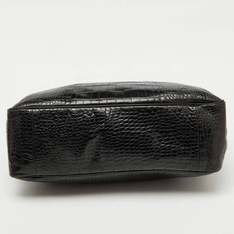 Pre Owned Longchamp Black Croc Embossed Leather Roseau Tote