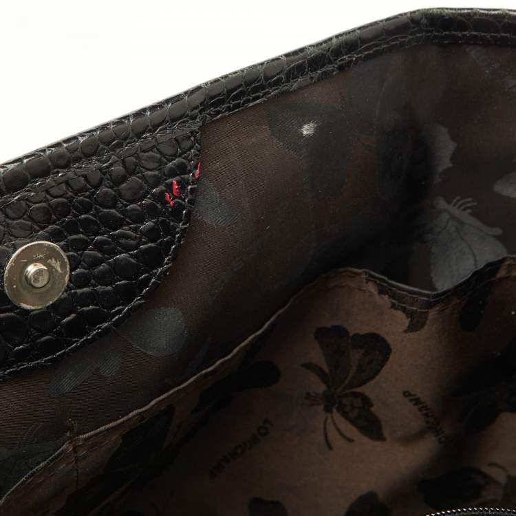 Pre Owned Longchamp Black Croc Embossed Leather Roseau Tote