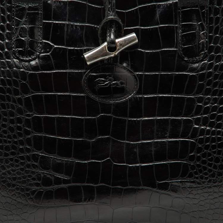 Pre Owned Longchamp Black Croc Embossed Leather Roseau Tote
