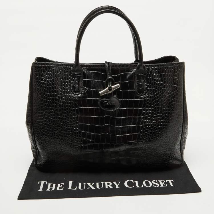 Pre Owned Longchamp Black Croc Embossed Leather Roseau Tote