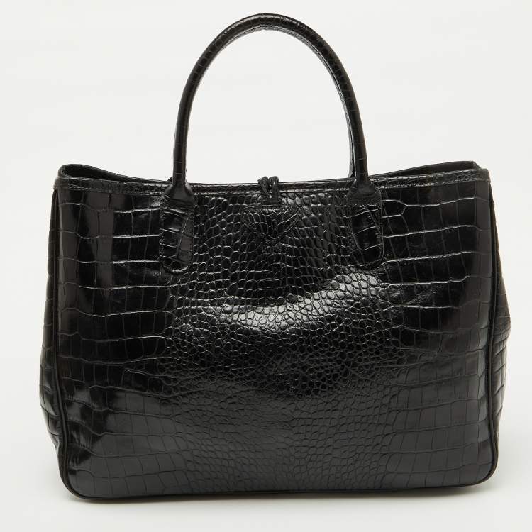 Pre Owned Longchamp Black Croc Embossed Leather Roseau Tote