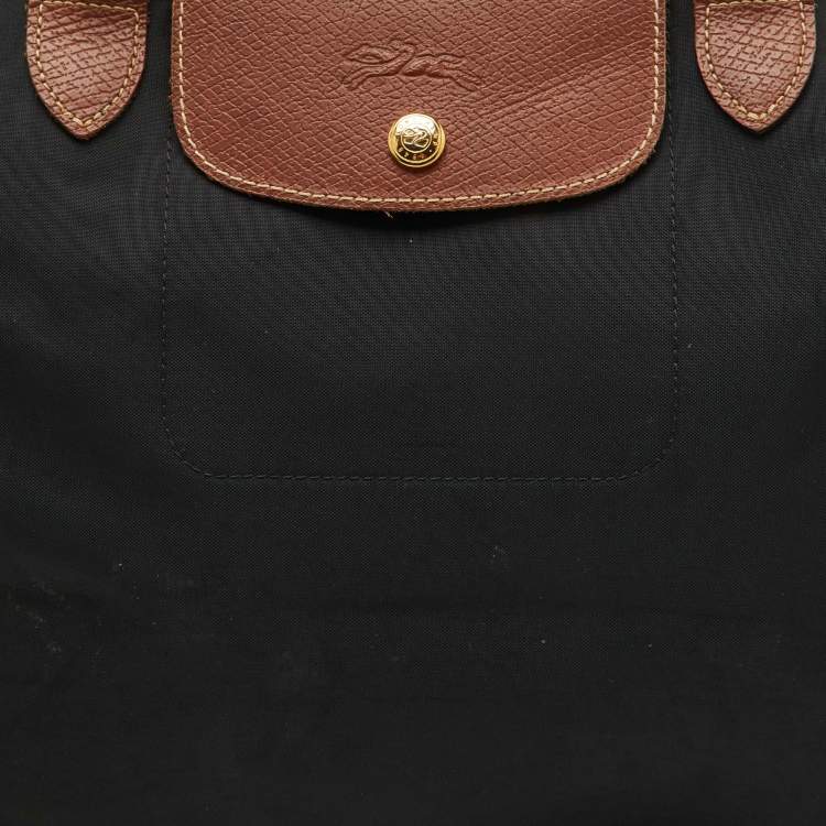 Pre Owned Longchamp Black/Brown Nylon and Leather S Le Pliage Tote