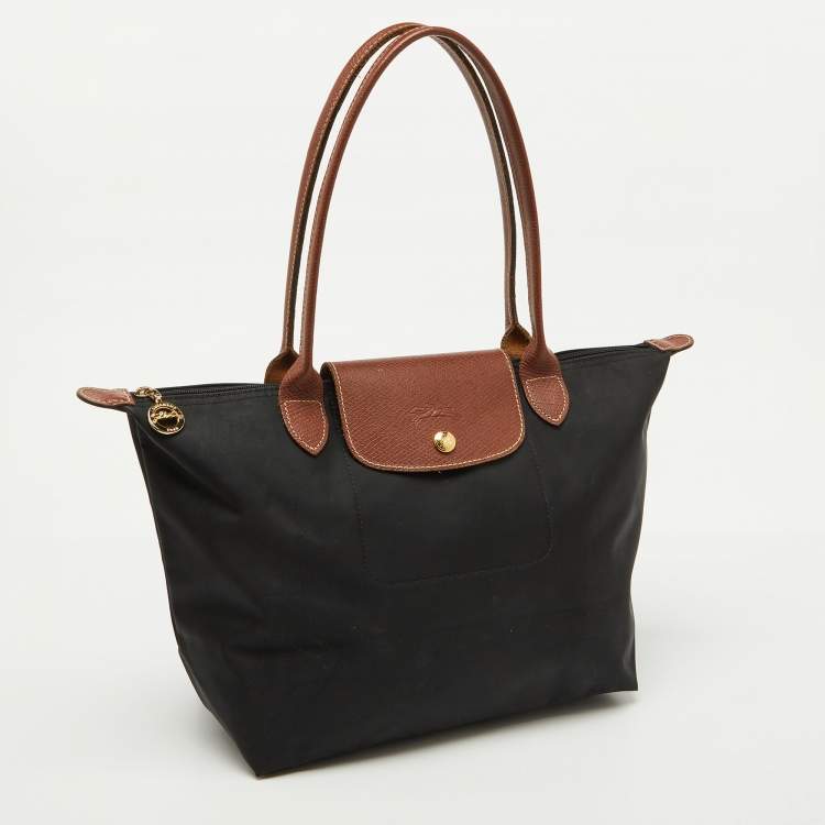 Pre Owned Longchamp Black/Brown Nylon and Leather S Le Pliage Tote