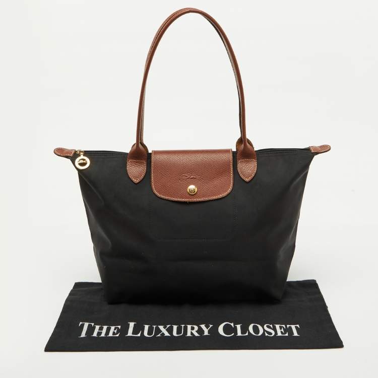 Pre Owned Longchamp Black/Brown Nylon and Leather S Le Pliage Tote