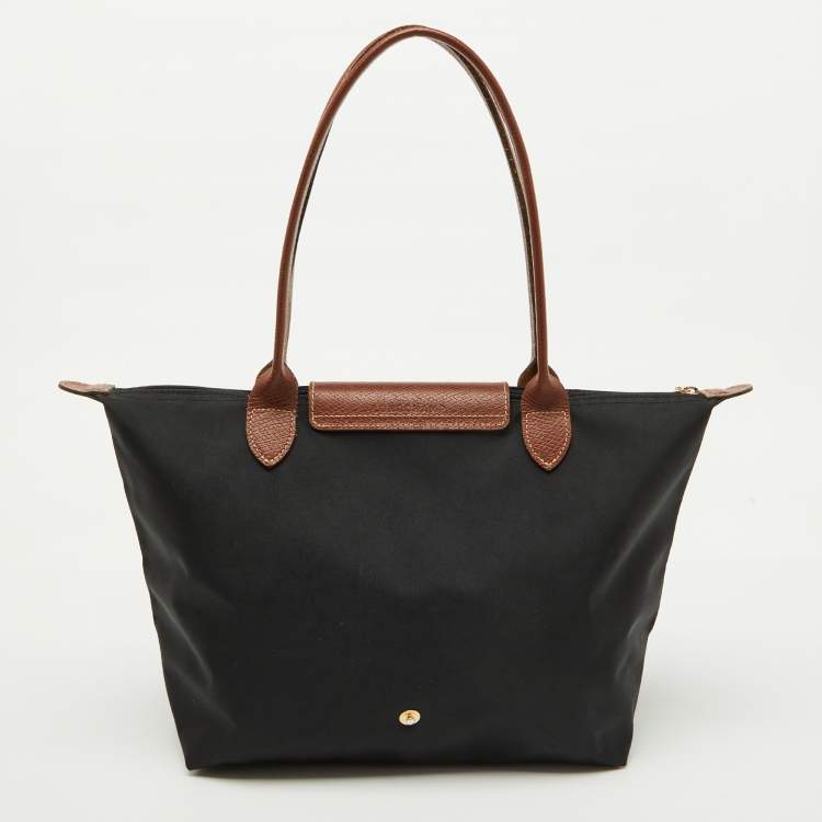 Pre Owned Longchamp Black/Brown Nylon and Leather S Le Pliage Tote