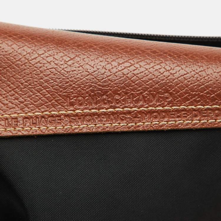 Pre Owned Longchamp Black/Brown Nylon and Leather S Le Pliage Tote