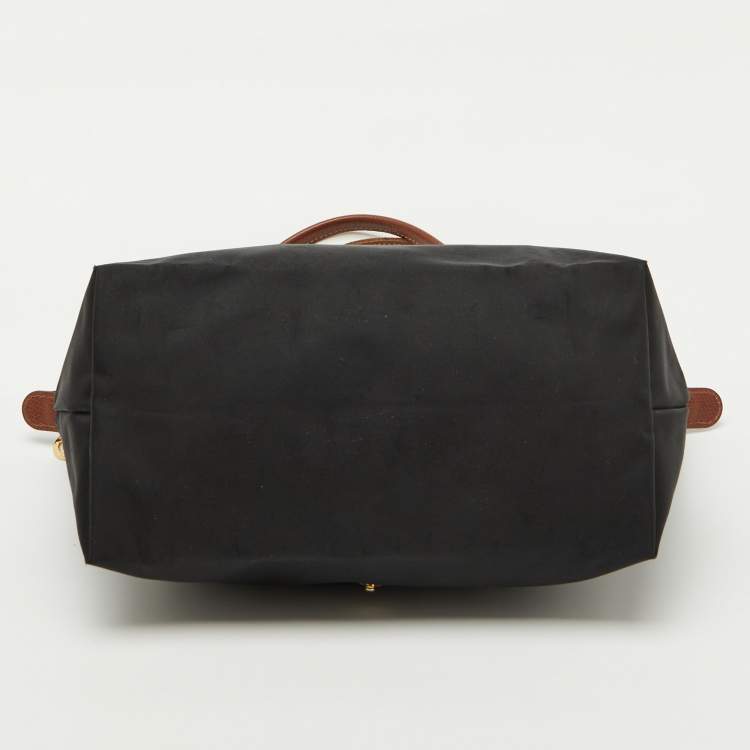 Pre Owned Longchamp Black/Brown Nylon and Leather S Le Pliage Tote