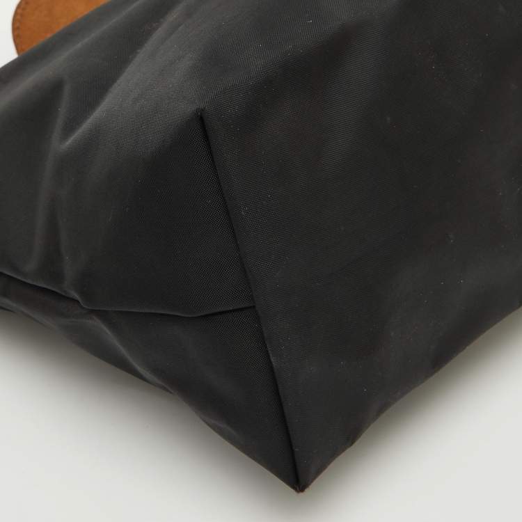 Pre Owned Longchamp Black/Brown Nylon and Leather S Le Pliage Tote