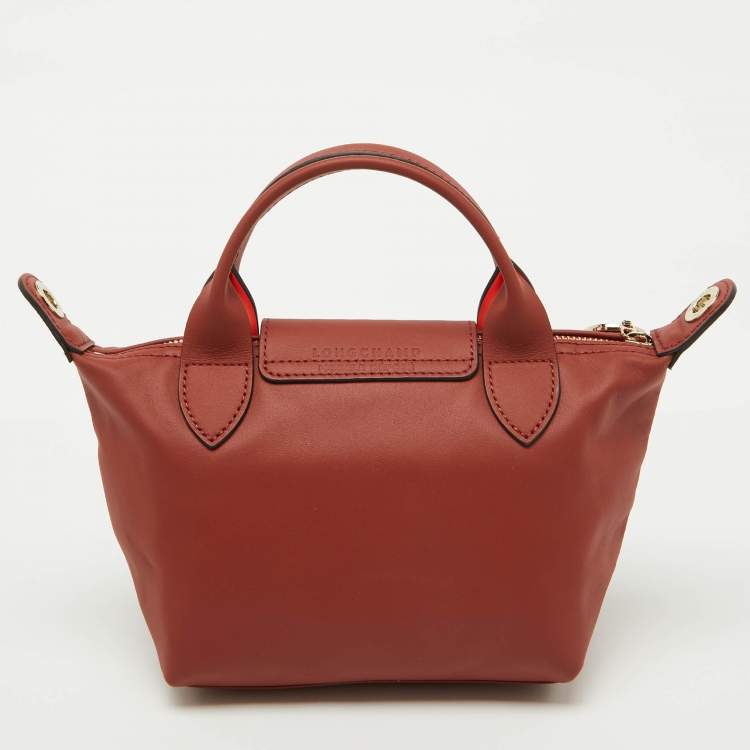 Pre Owned Longchamp Brick Brown Leather Extra XS Le Pliage Tote