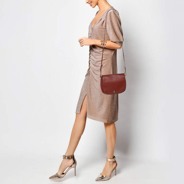 Pre Owned Longchamp Maroon Leather Le Foulonne Crossbody Flap Bag