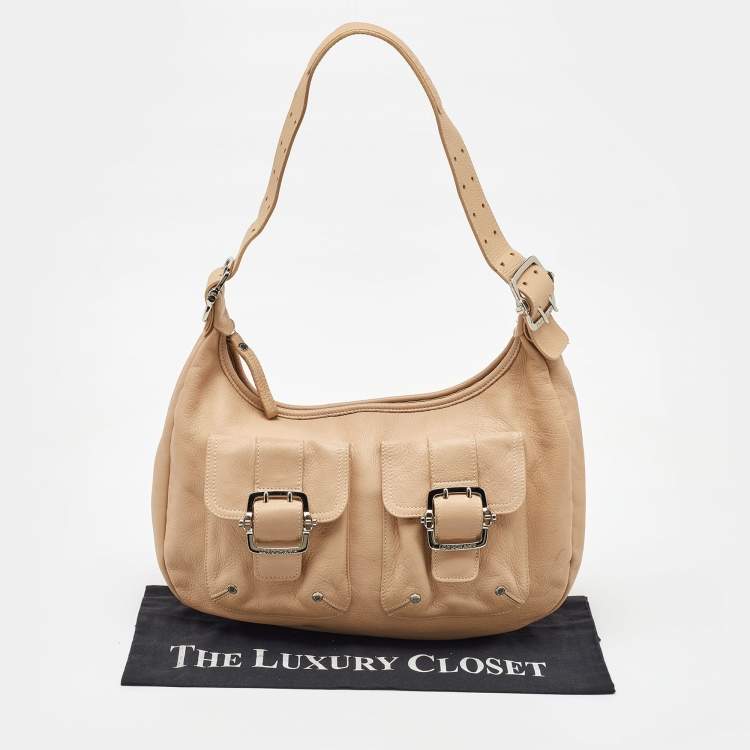 Pre Owned Longchamp Beige Leather Front Double Pocket Shoulder Bag