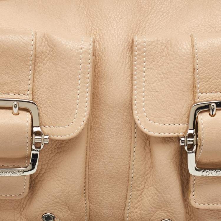 Pre Owned Longchamp Beige Leather Front Double Pocket Shoulder Bag
