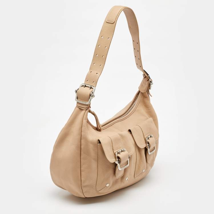 Pre Owned Longchamp Beige Leather Front Double Pocket Shoulder Bag