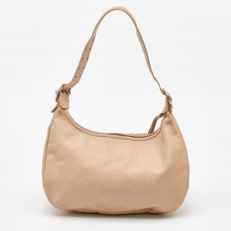Pre Owned Longchamp Beige Leather Front Double Pocket Shoulder Bag