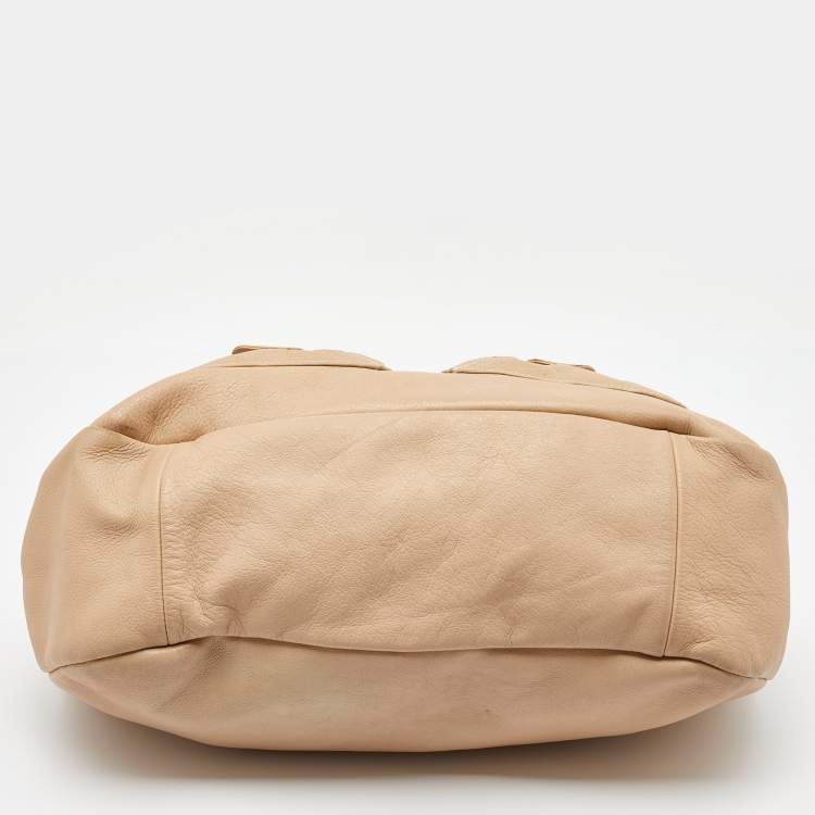 Pre Owned Longchamp Beige Leather Front Double Pocket Shoulder Bag