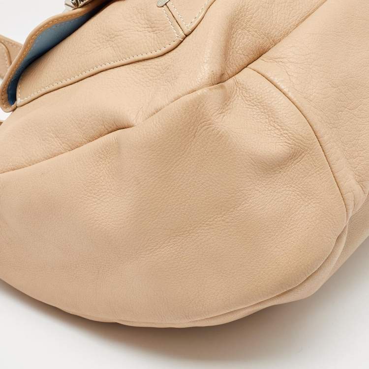 Pre Owned Longchamp Beige Leather Front Double Pocket Shoulder Bag