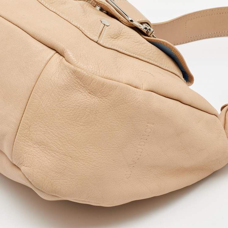 Pre Owned Longchamp Beige Leather Front Double Pocket Shoulder Bag